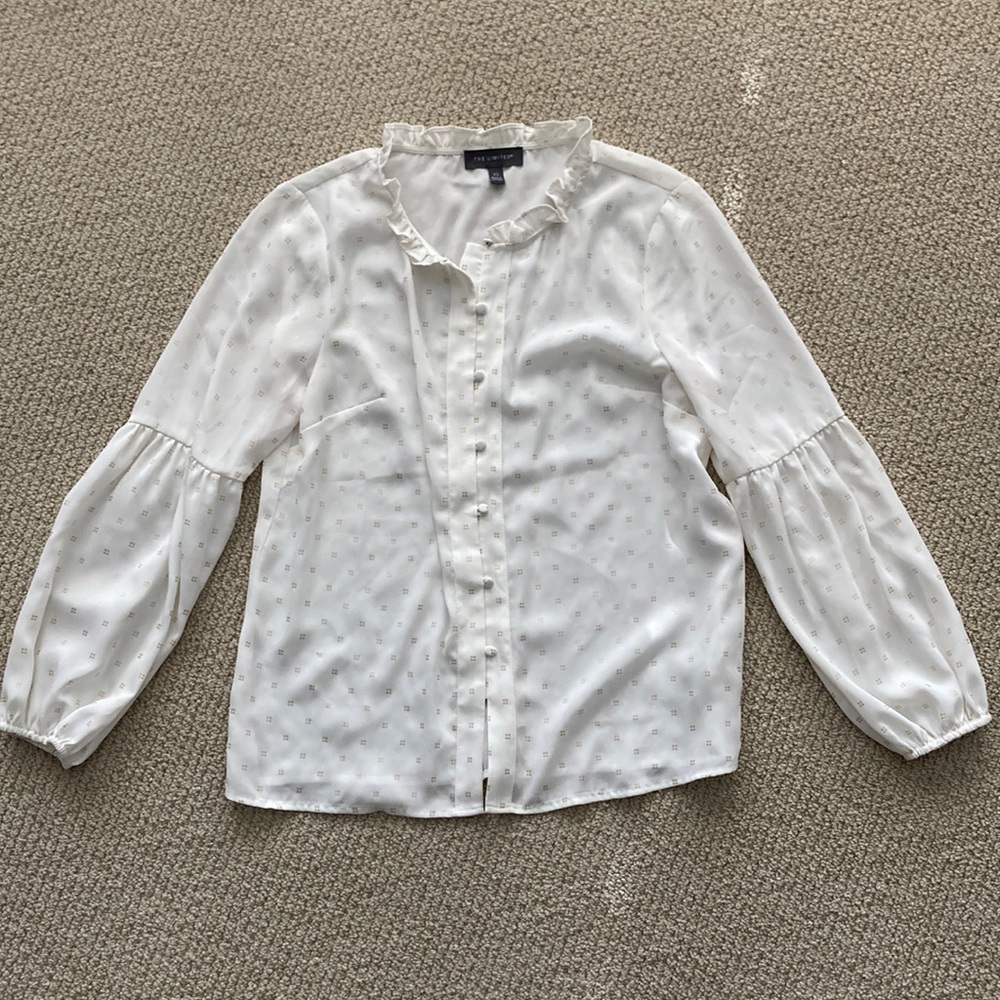 NEW The Limited Button Down Shirt Cream Gold Ruffled Blouse Work Top XS NWOT